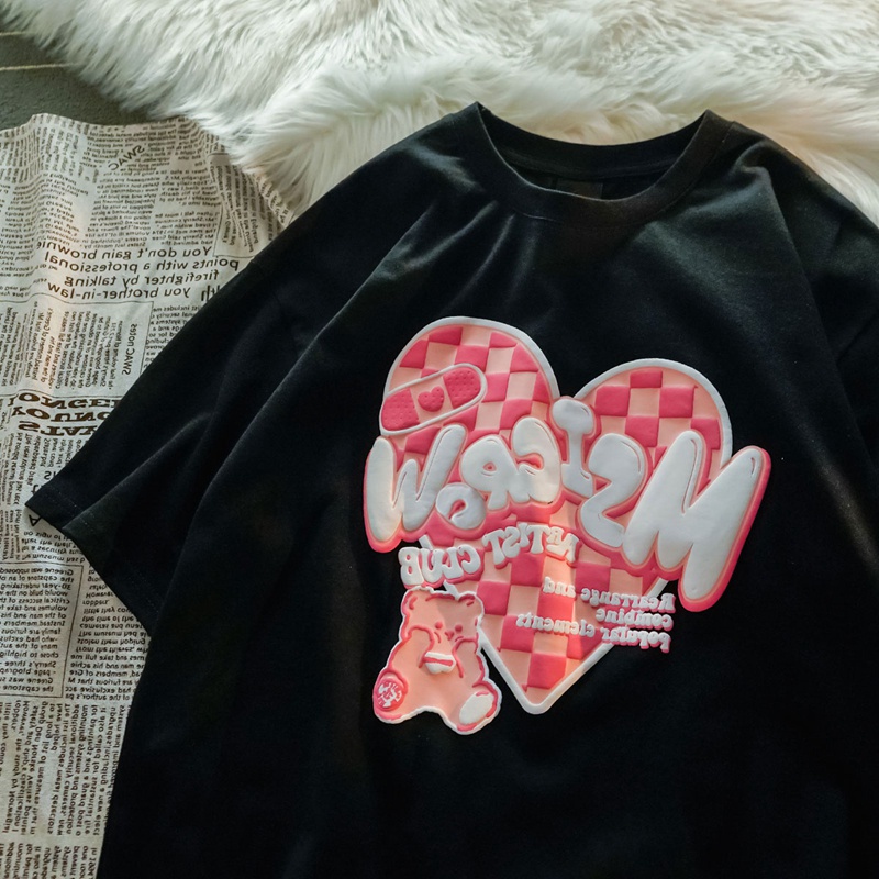 Áo thun PEWARN tay ngắn dáng rộng in họa tiết trái tim phong cách Hàn Quốc harajuku thời trang cho nữ