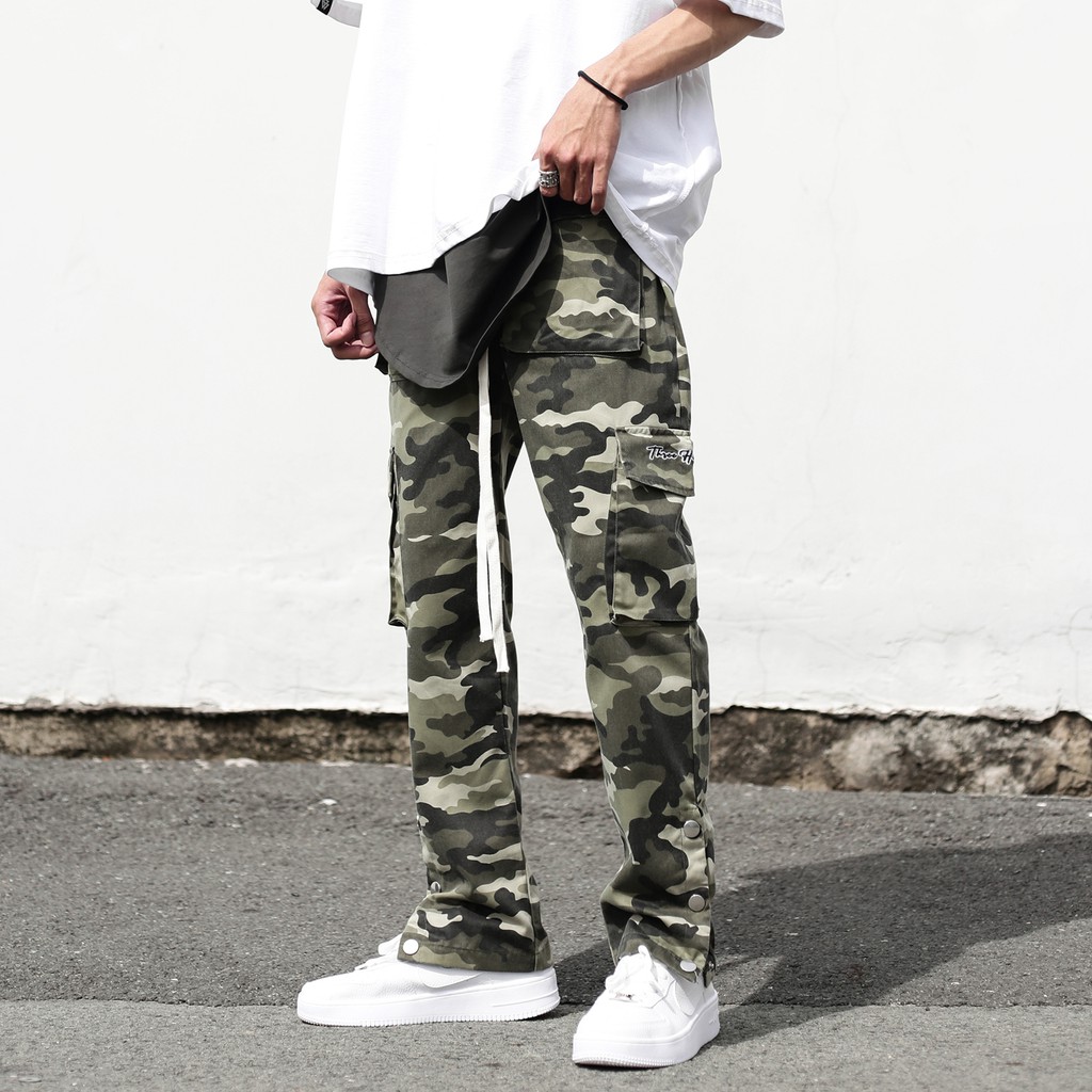 Quần Cargo 3Hundred Có Nút Bấm Túi Hộp Năng Động Chất Liệu Khaki Màu Xanh lá Camo
