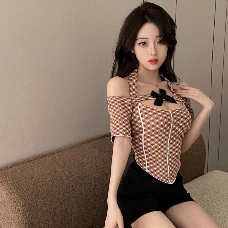 Áo Thun Croptop Tay Ngắn Cổ Yếm Cột Nơ Họa Tiết Sọc Caro Phong Cách Hàn Quốc Thời Trang Cho Nữ
