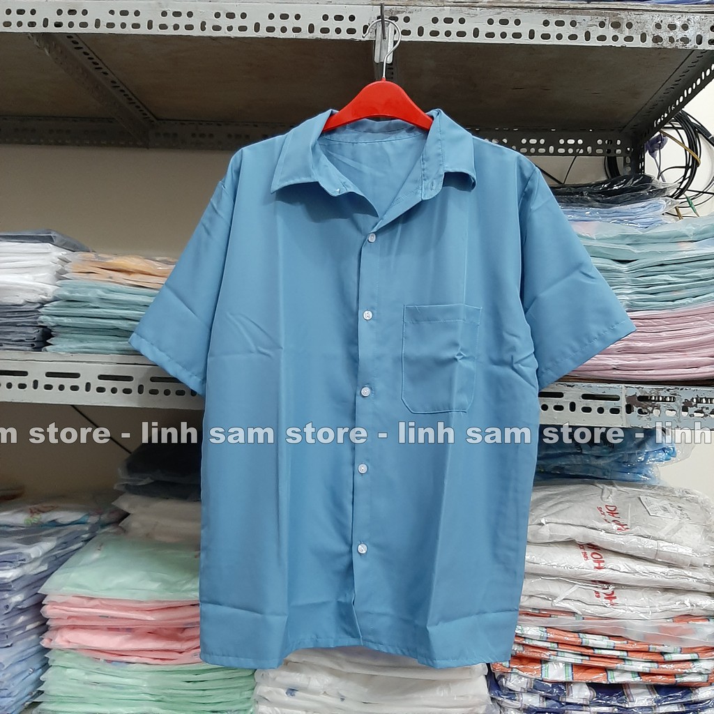 Áo sơ mi nữ cổ bẻ tay lỡ dáng ulzzang freesize form rộng unisex TRƠN MÀU XANH DƯƠNG | BigBuy360 - bigbuy360.vn