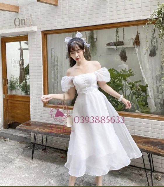 Váy trắng dự tiệc tiểu thư tay phồng cổ vuông | BigBuy360 - bigbuy360.vn