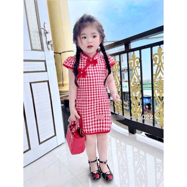 sét váy sườn xám kẻ caro phối nơ có khoá kéo điệu đà cho bé gái từ 10-12kg💋
