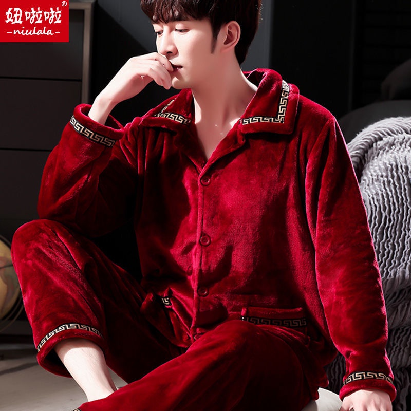 Bộ đồ ngủ tay dài chất nỉ lông cừu san hô dày dặn thời trang thu đông cho nam