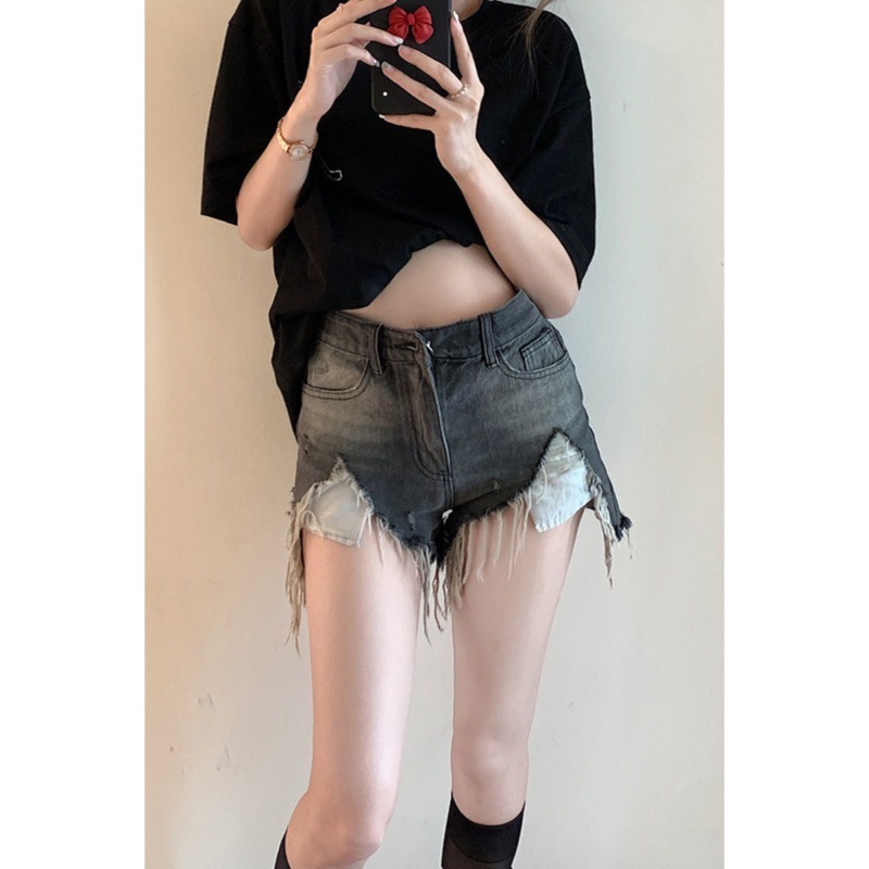 COZOK Quần Short denim Rách Viền Thô Lưng Cao Thời Trang