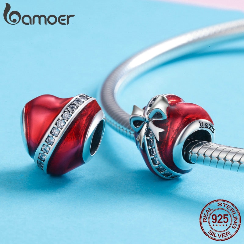 Hạt Phụ Kiện Bamoer Scc741 bạc 925 Hình Trái Tim Thắt Nơ Dùng Trang Trí Vòng Tay Tự Làm
