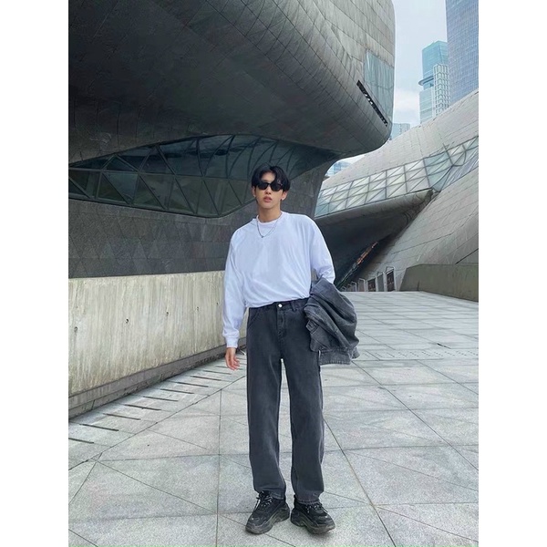 QUẦN BAGGY JEANS XÁM CHUỘT TRƠN ỐNG RỘNG UNISEX NAM NỮ