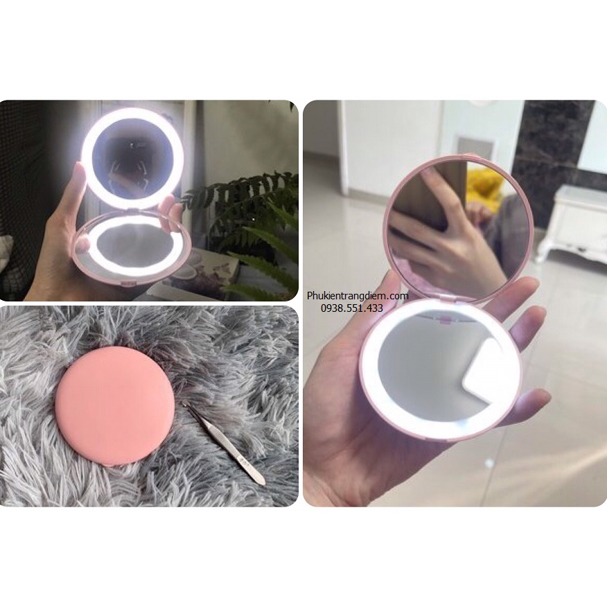 Gương Gập Có Đèn LED Cầm Tay Mini - Gương Trang Điểm Bỏ Túi Xách Gấp Gọn