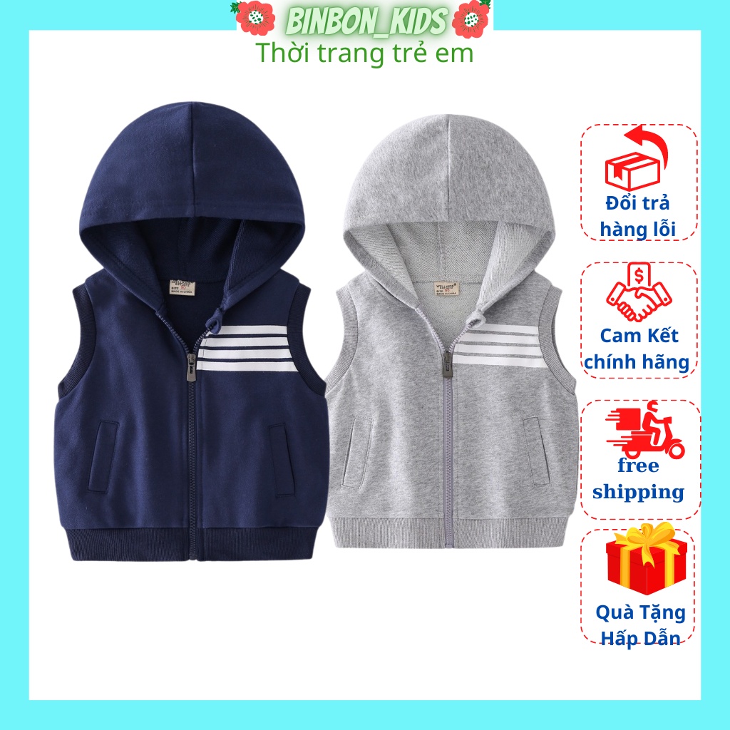 Áo khoác gile bé trai có mũ chất nỉ da cá cao cấp cho bé từ 7-28kg BINBON KIDS