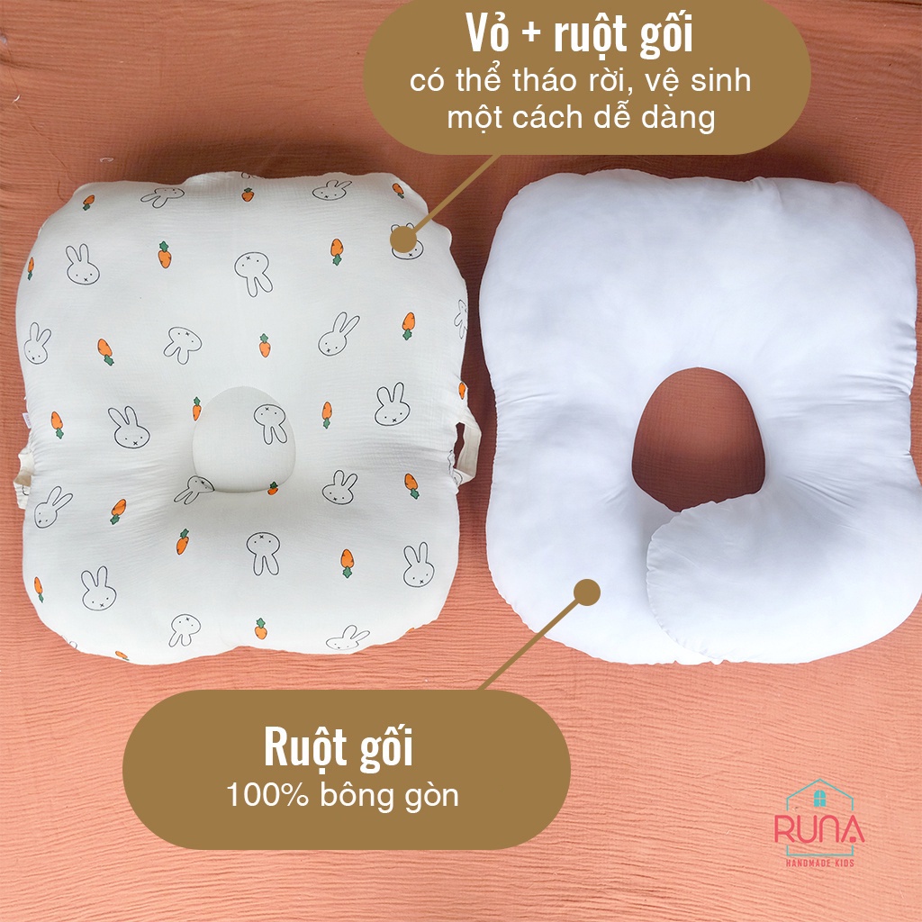 Gối chống trào ngược cho bé cao cấp vải xô Muslin RUNA KIDS gối chống nôn trớ an toàn cho bé size lớn 65x70cm