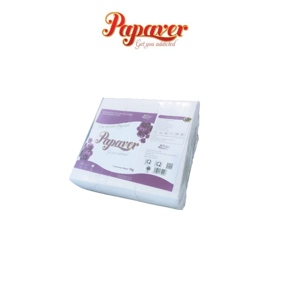 Giấy Ăn Nhà Hàng Papaver, Combo 10 Bịch 1kg,  2 Lớp,  Xếp/Rút, 100% Bột Giấy Nguyên Sinh