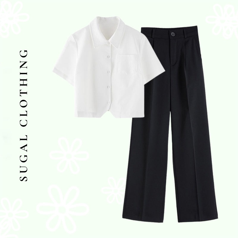 Set Bộ Nữ Áo Sơ Mi Croptop Cộc Tay Phối Quần Ống Cạp Cao Thời Trang Sugal SO MI NU 026 + QUAN NU 003