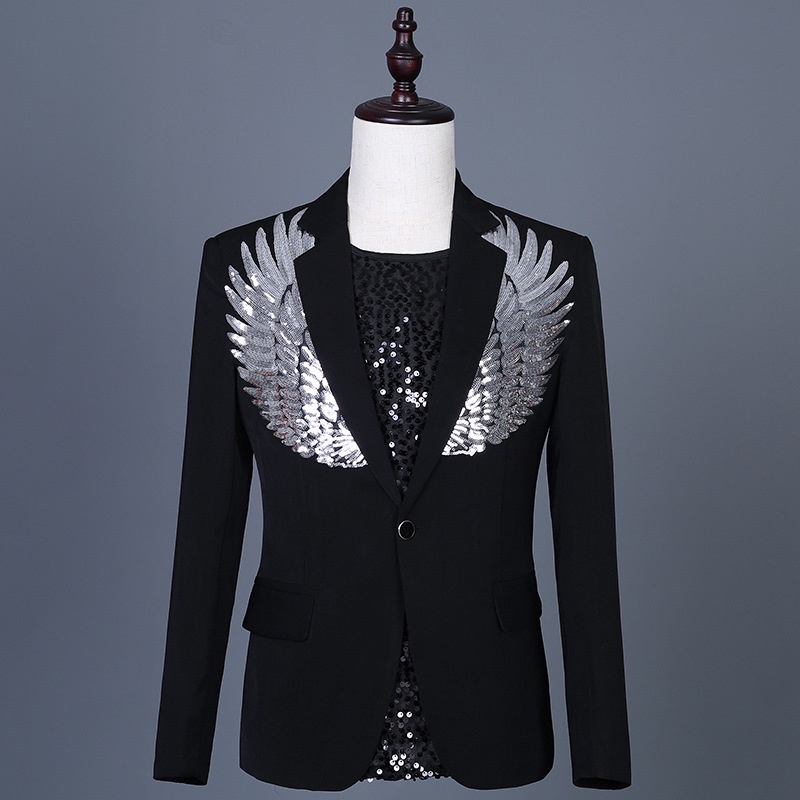 Áo Khoác Blazer Màu Đen Đính Kim Sa Lấp Lánh Thời Trang Tiệc Cưới Cho Nam