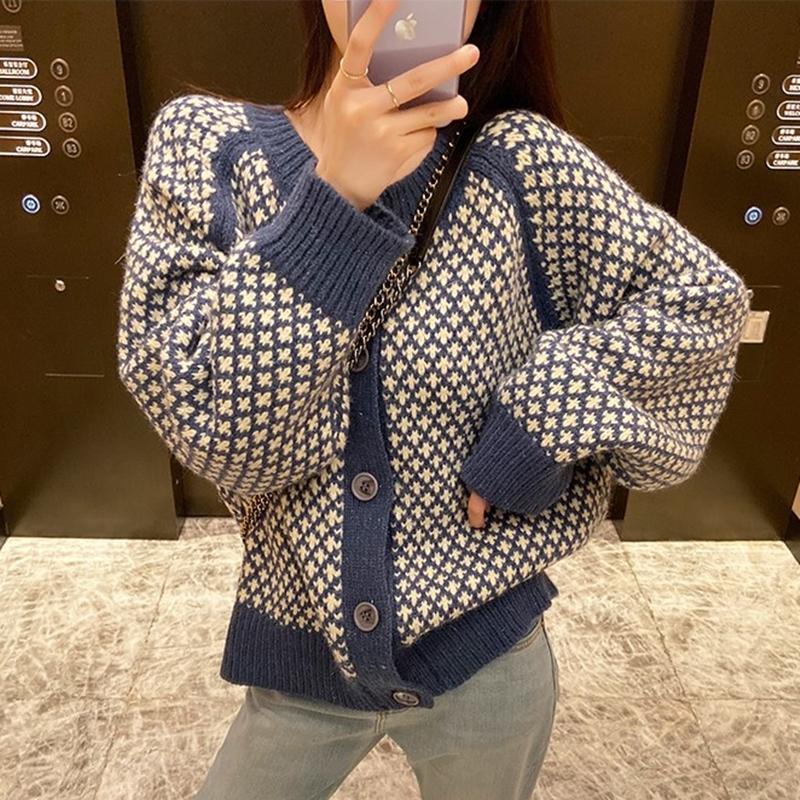 Áo Khoác Cardigan Dệt Kim Dáng Rộng Màu Sắc Tương Phản Thời Trang Mùa Thu 2022 Cho Nữ