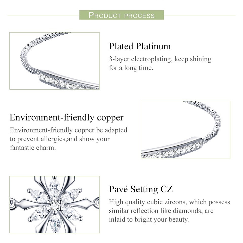 Vòng đeo tay BAMOER kích thước điều chỉnh được mặt hình bông tuyết đính đá zircon nhân tạo thời trang