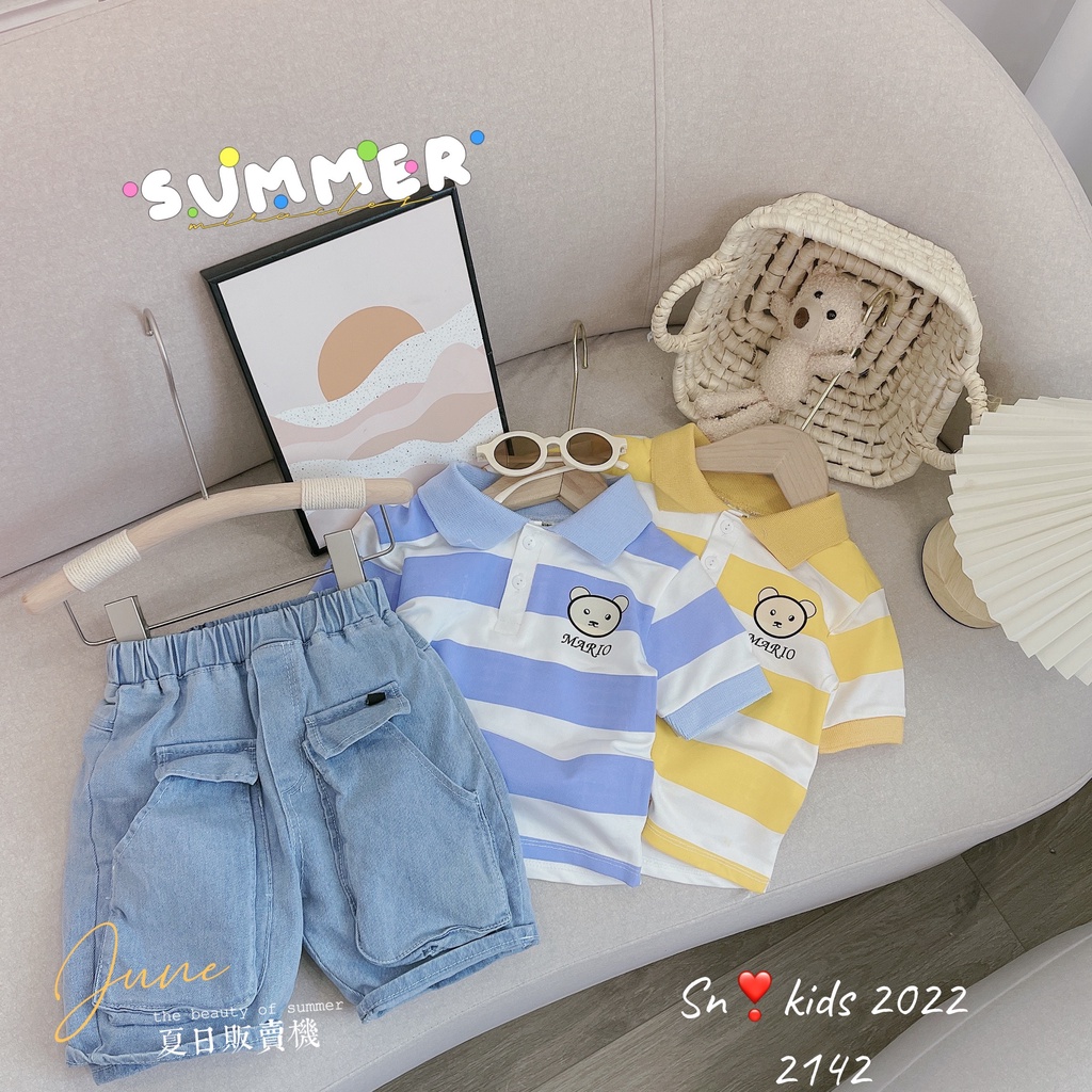 Bộ quần áo cộc tay bé trai, Sét áo polo kẻ to họa tiết gấu MARIO kèm quần bò ngố cho bé size 10-32kg