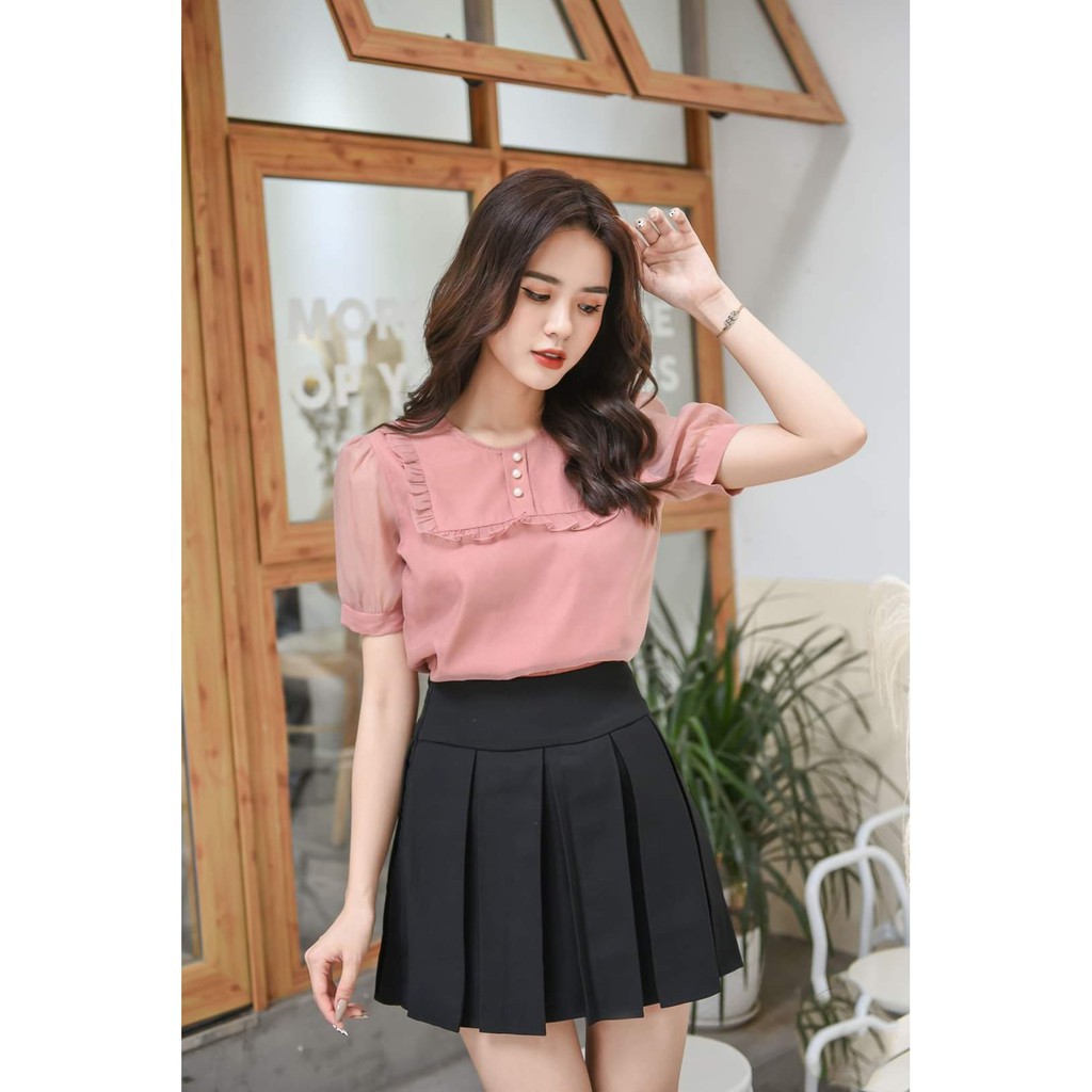 ]Áo sơ mi nữ công sở thời trang NGỌC HUYỀN vãi Voan tơ màu hồng cổ vuông ren ngực tay ngắn lưới.