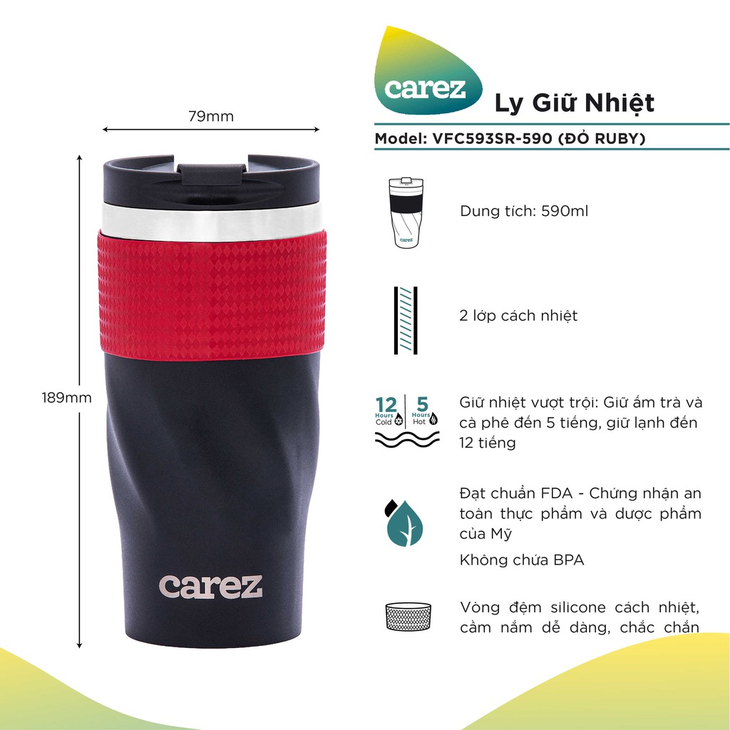 Ly Giữ Nhiệt CAREZ TO GO 590ML VFC593SR-590 màu đỏ crimsom