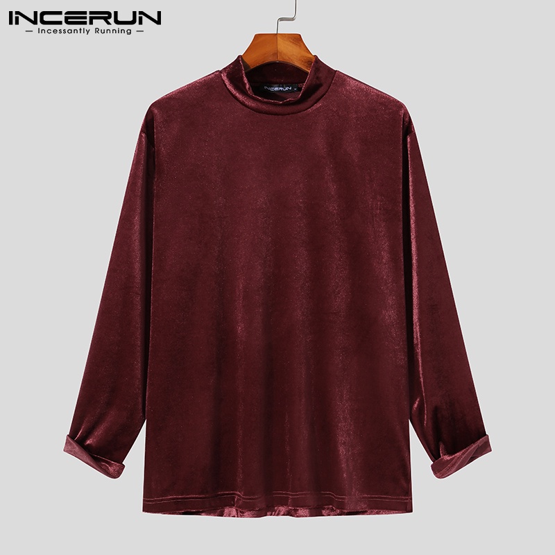 Áo thun INCERUN tay dài cổ cao chất liệu vải nhung kiểu dáng đơn giản thời trang cho nam