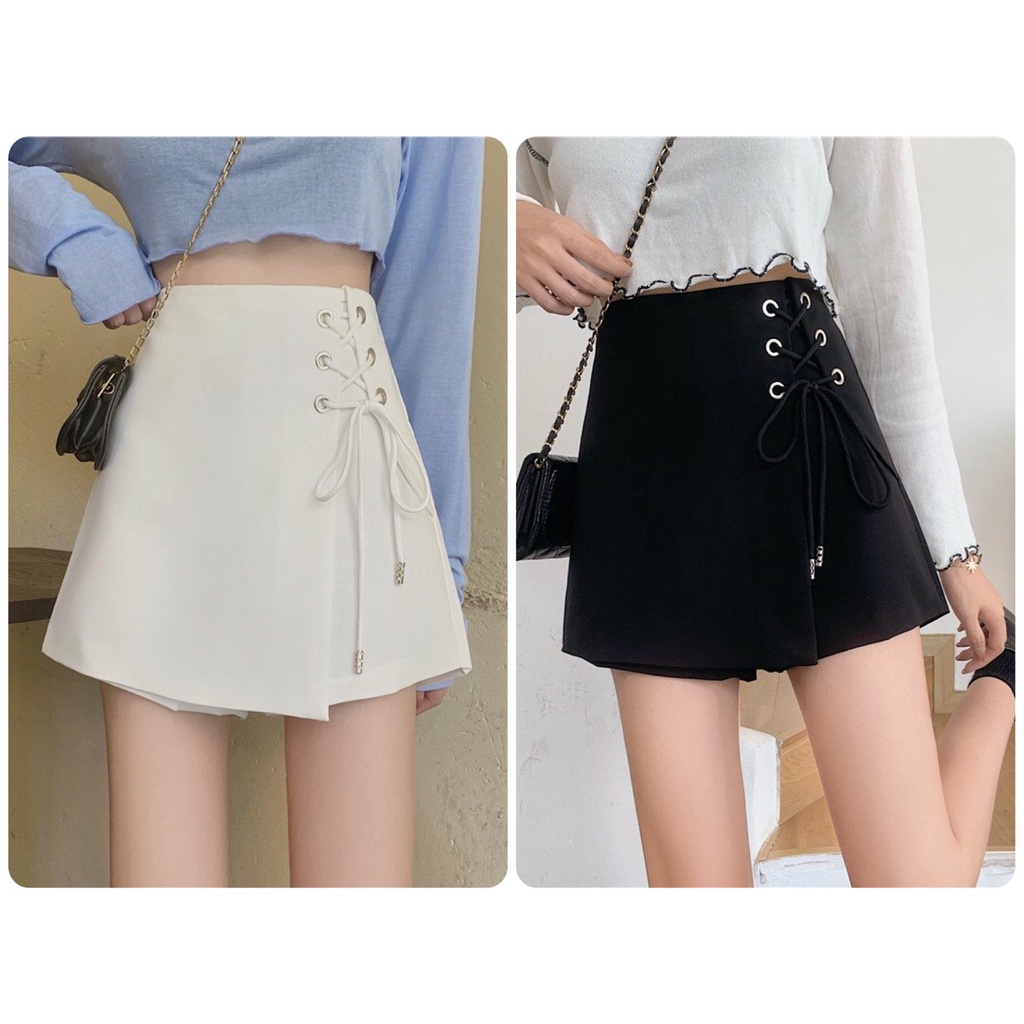Quần short giả váy cạp cao phối dây thắt hông phong cách hàn quốc hàng quảng châu - quần đùi nữ vạt chéo