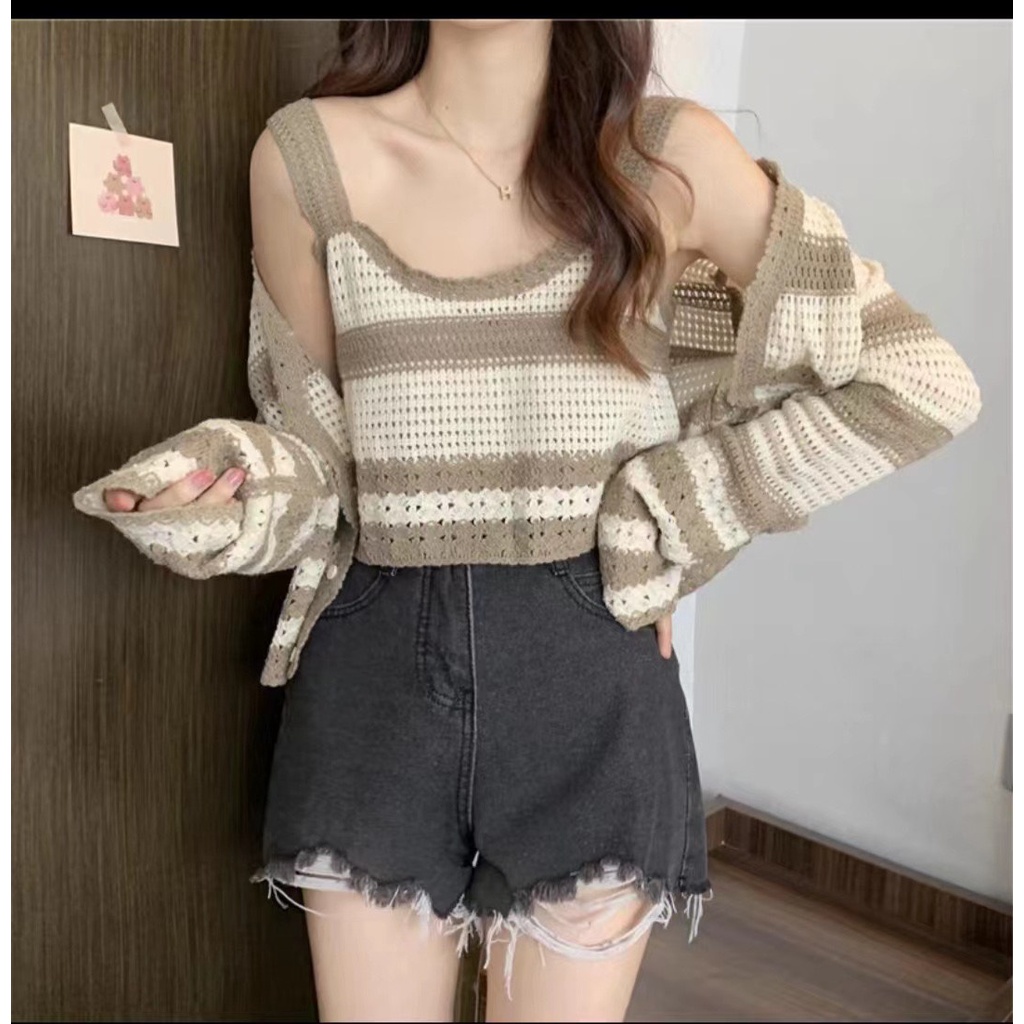 Set áo cardigan kẻ len mongtoghi phong cách Quảng Châu chất đẹp cực xinh ST04