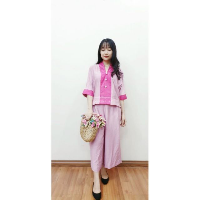 ♥️❤️💛Quần Áo Lam Phật Tử cao cấp màu hồng dành cho nữ hà nội hcm An252 vải đũi phối tơ tằm hàng thiết kế