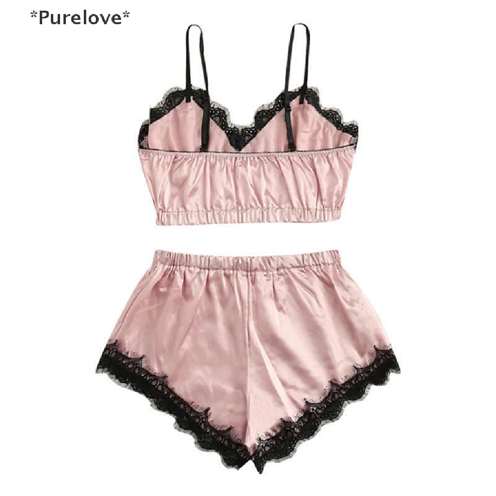 Bộ Đồ Ngủ Áo Hai Dây Phối Ren + Quần Short Vải Satin Quyến Rũ Cho Nữ