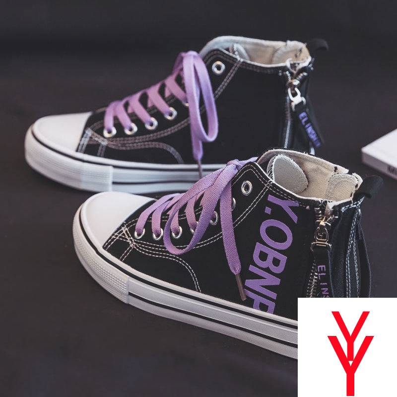 Giày Thể Thao Vải Canvas Cổ Cao Có Dây Kéo Bên Phong Cách Thể Thao Mới 2021 Cho Nữ Sinh