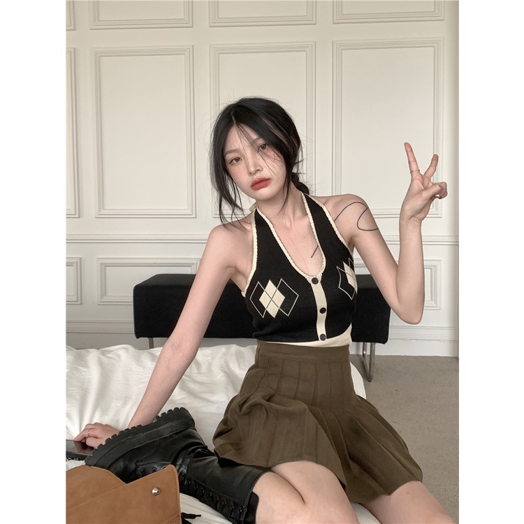 Cocory vn Áo Dệt Kim Hai Dây Ôm Dáng Họa Tiết Kẻ Sọc Caro Màu Tương Phản Quyến Rũ Thời Trang Cho Nữ