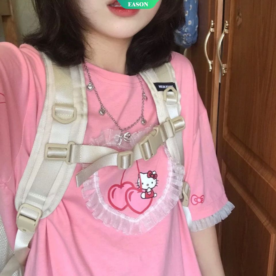 Áo Thun Nữ Tay Ngắn In Hình Mèo Hello Kitty Dễ Thương