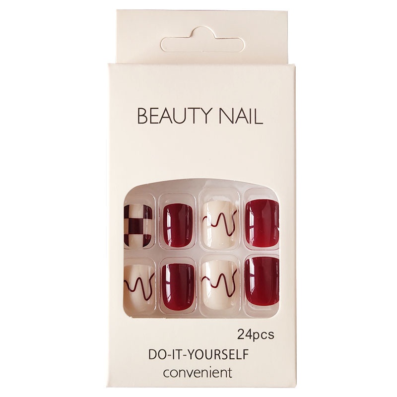 YADORNOS Set 24 móng tay giả YADORNOS màu đỏ rượu vang phong cách Pháp có thể tháo rời tiện dụng