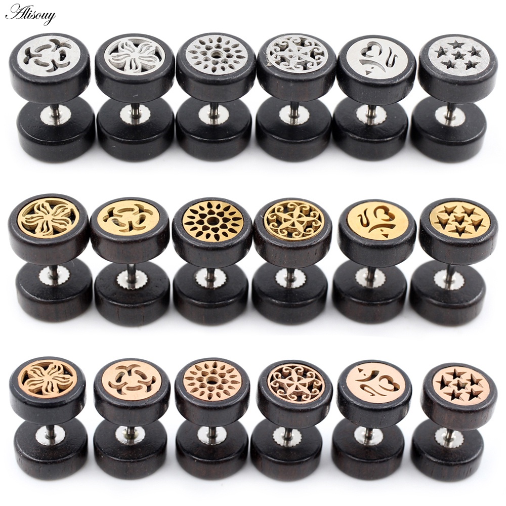 Set 2 Khuyên Tai Hình Hoa Ngôi Sao / Gỗ Tự Nhiên Bằng Thép Không Gỉ Cho Nam Và Nữ