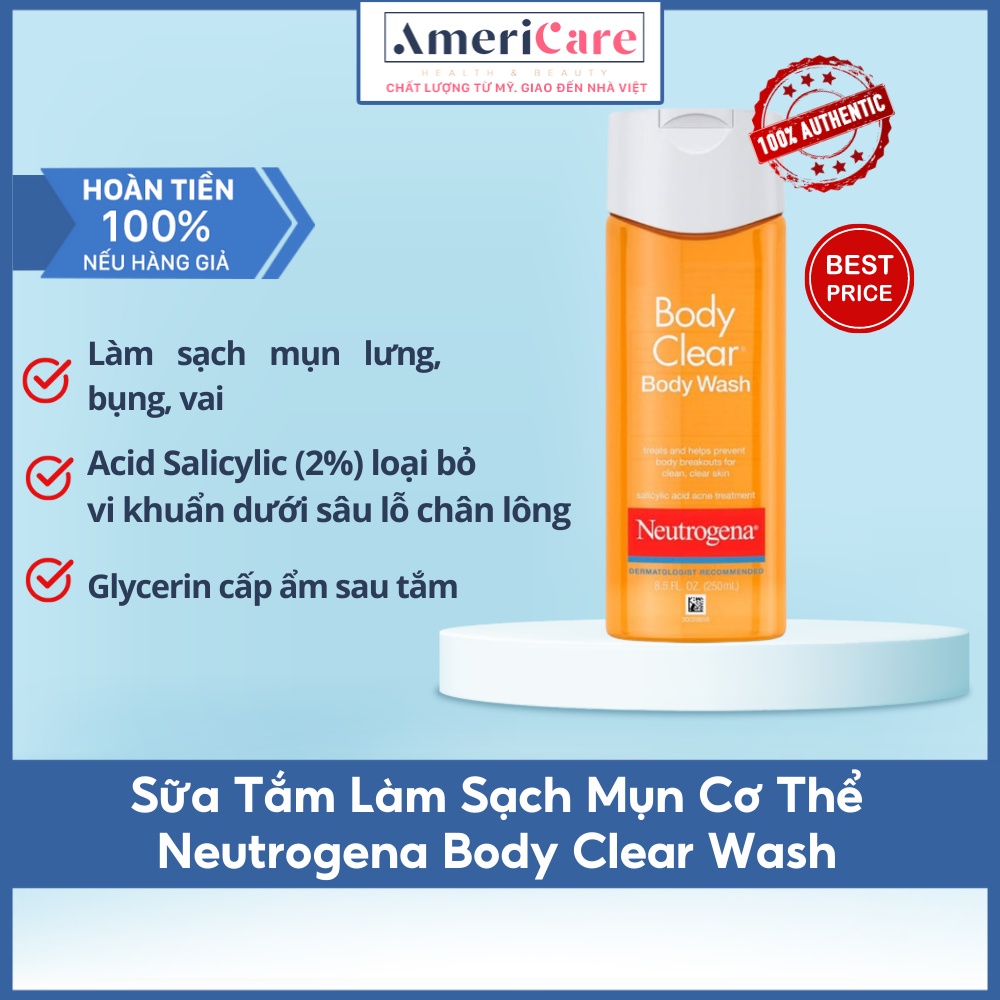 Sữa Tắm Neutrogena Làm Sạch Mụn Lưng, Cơ Thể - Neutrogena Body Clear Wash 250 ml (HSD 3/2024 - Bill Mỹ)