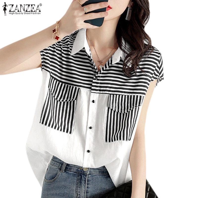 Zanzea Áo Sơ Mi Tay Dài Kẻ Sọc Có Túi Trước Thời Trang Cho Nữ