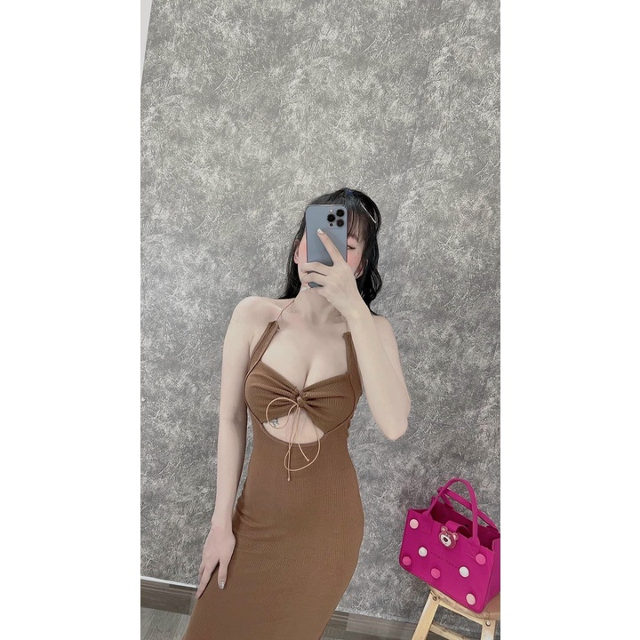 Đầm body 2 dây gân dáng dài rút ngực , khoét eo sexy