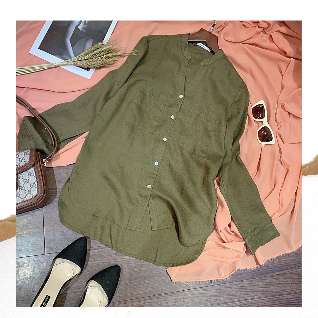 Áo sơ mi olive linen thiết kế Lalastyle