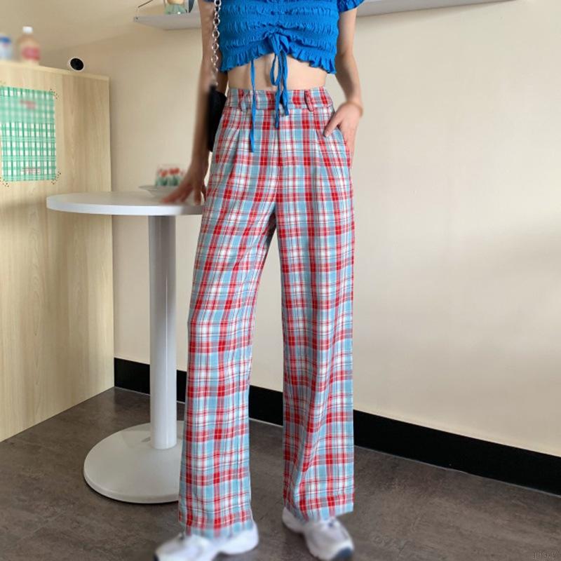 Quần Dài Ống Rộng Họa Tiết Ca Rô Phong Cách Hàn Quốc Dành Cho Nữ