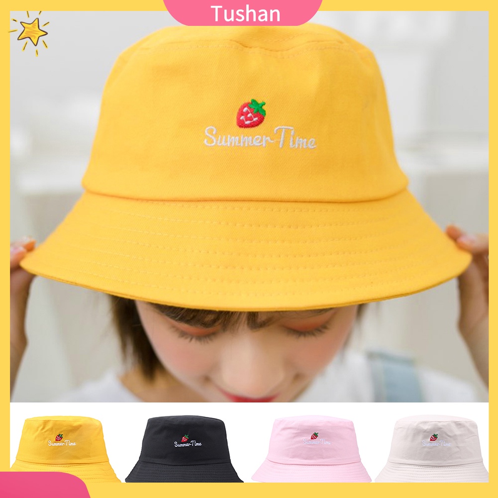 Mũ vành nhỏ vải cotton thoáng mát thêu chữ và hình quả dâu thời trang