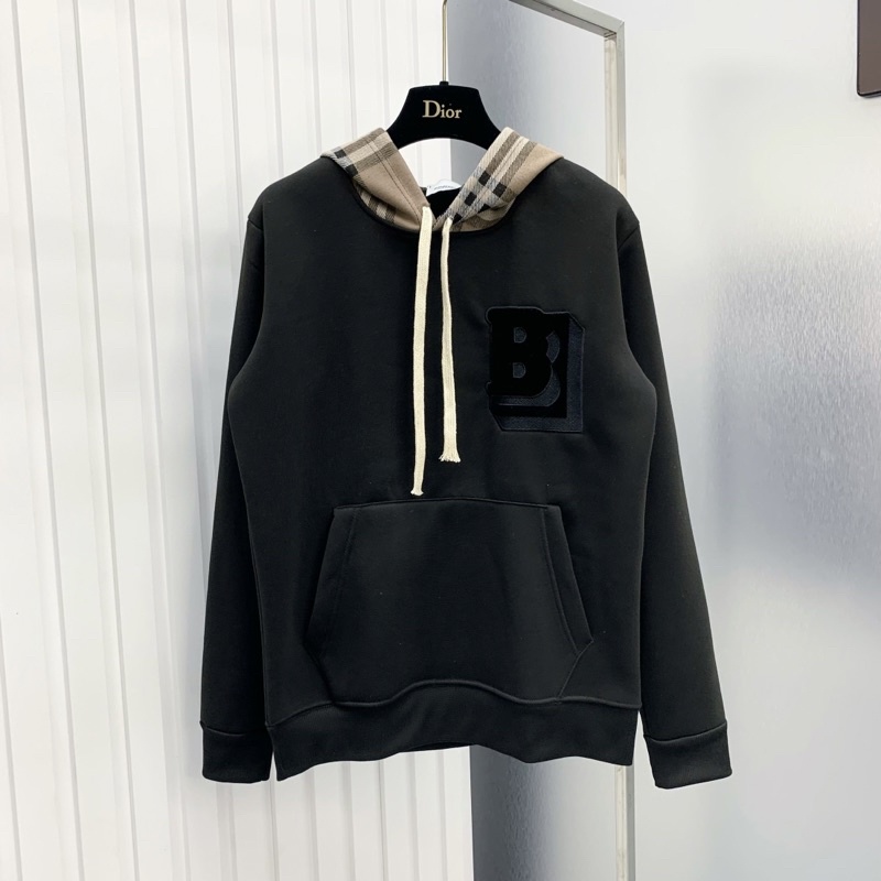 Áo hoodie nam nữ Burberry thêu logo chữ B ngực phối mũ kẻ sọc màu be chất nỉ bông ống bo chun dày đẹp