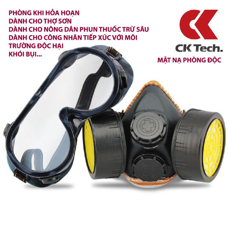 Bộ mặt nạ phòng độc chính hãng CK Tech gồm 2 phin lọc than nano hoạt tính 7 lớp bảo vệ +Kính bảo hộ mắt