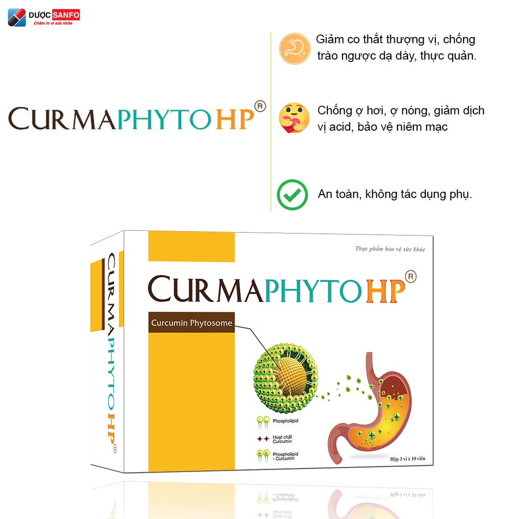 Viên uống CURMAPHYTOHP hỗ trợ điều trị đau dạ dày, trào ngược, viêm loét Hộp 3 vỉ x 10 viên