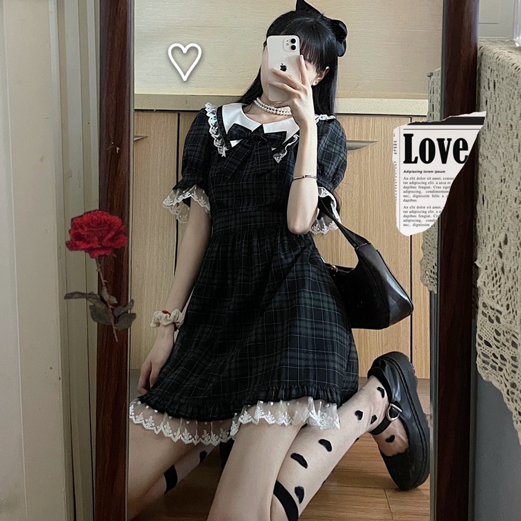 Đầm lolita Perty kẻ sọc caro phối ren thời trang Hàn Quốc cho nữ