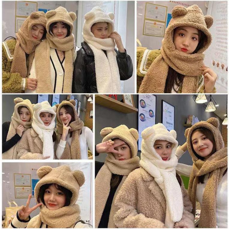 Mũ lông tai gấu kèm khăn quàng cổ bao tay 3 trong 1 ấm áp