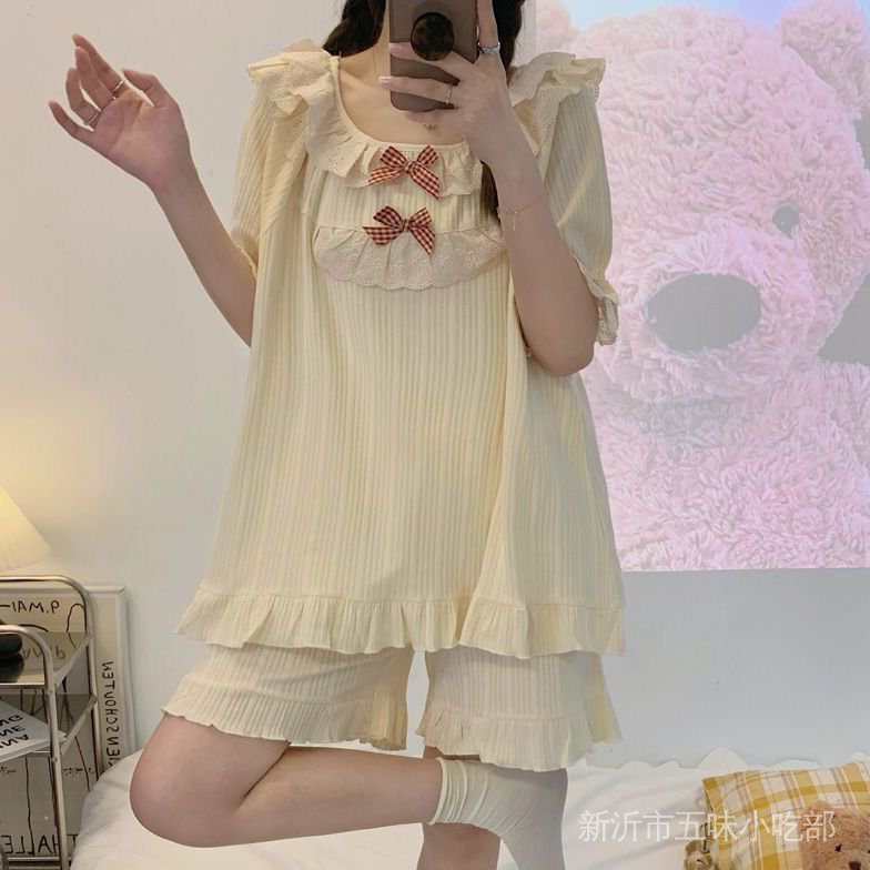 Bộ Đồ Ngủ Tay Ngắn Phối Ren Phong Cách Nhật Bản Dễ Thương Thời Trang Mùa Hè Cho Nữ