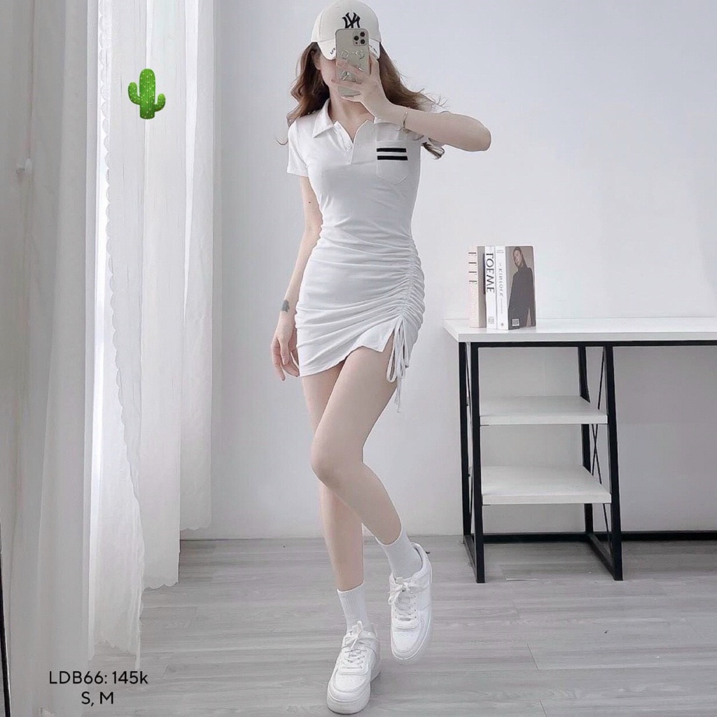 Đầm polo 1 túi sọc 2 vạch ôm body rút dây 1 bên cực xinh , chất thun bozip mềm mát