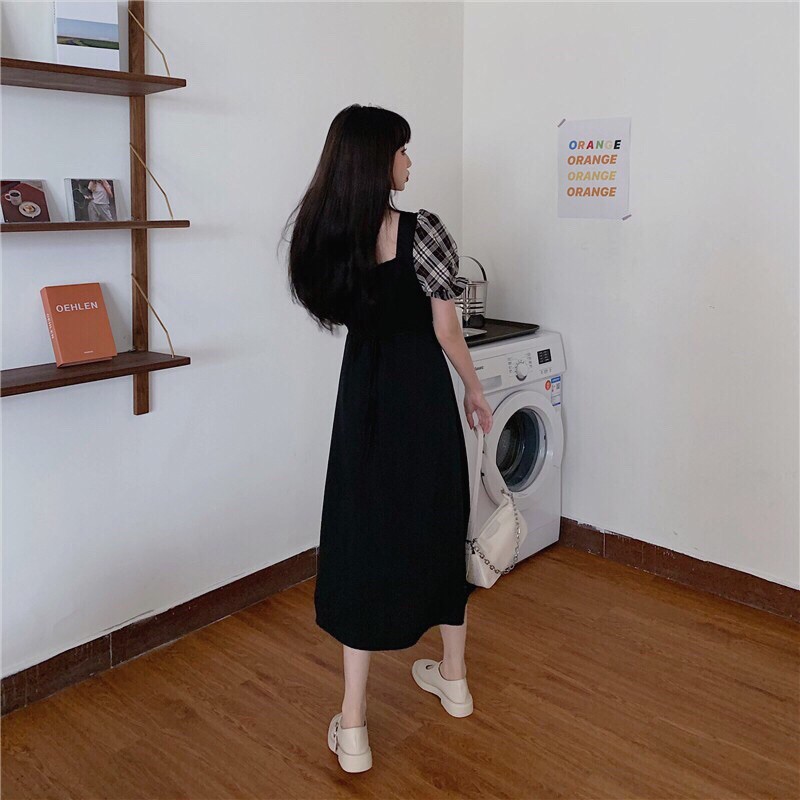 Đầm nữ dáng dài xẻ tà tay phối caro