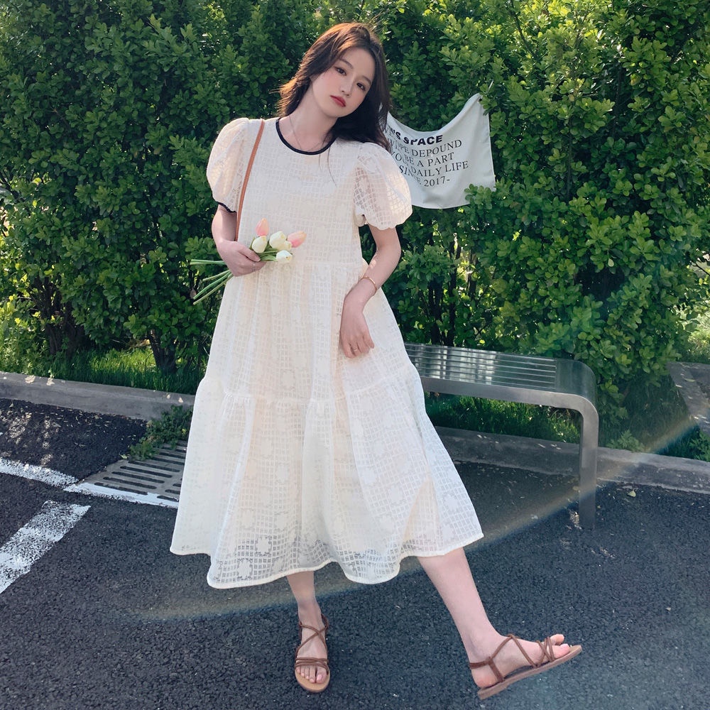 Đầm Dài Tay Phồng Màu Trắng Phong Cách Hàn Quốc Thời Trang Cho Nữ