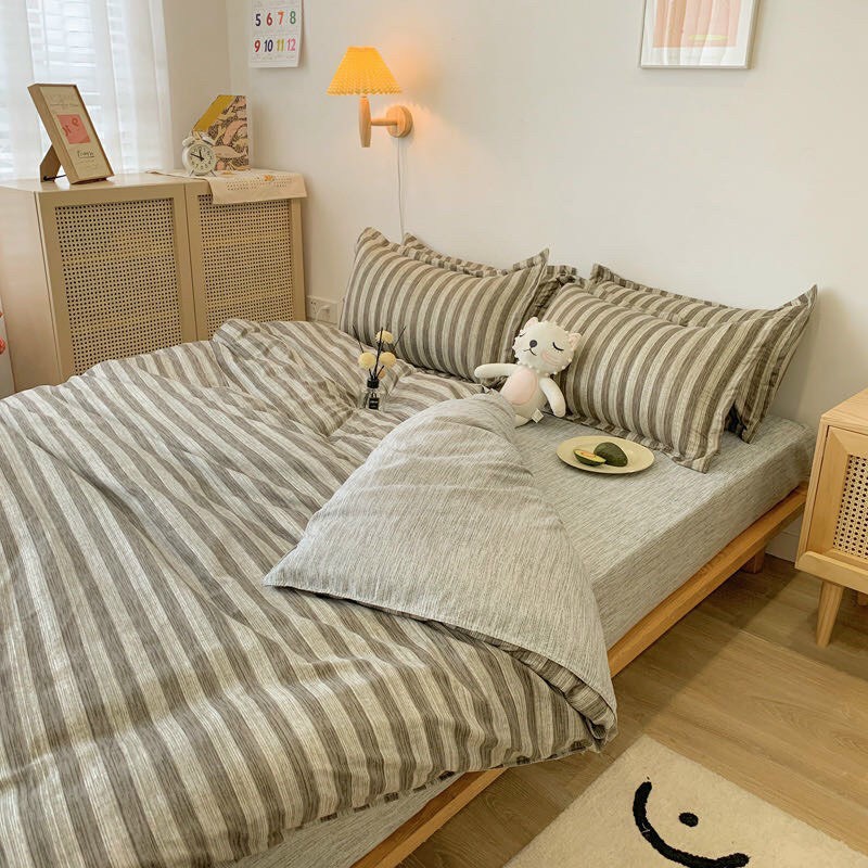Bộ chăn ga gối Cotton poly Bo Decor Xám sọc vỏ chăn mền drap nệm và 2 vỏ gối