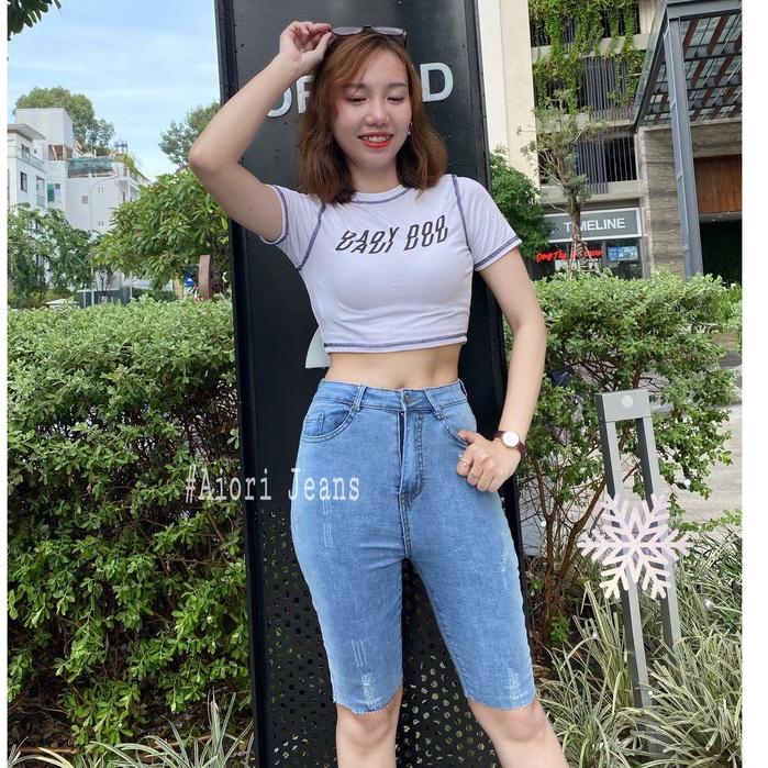 Quần Jeans Nữ Aiori Quần Ngố Lửng Ôm Dáng Lưng Cao Loang Màu Vải Cực Xịn, Jeans Cotton Co Giãn Tốt Thoáng Mát, Mềm Mịn
