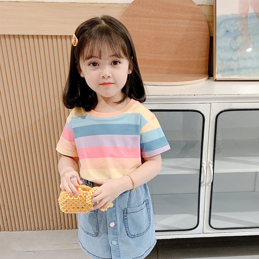 Áo Thun Tay Ngắn Họa Tiết Sọc Đỏ Cho Bé Gái 1-6 Tuổi