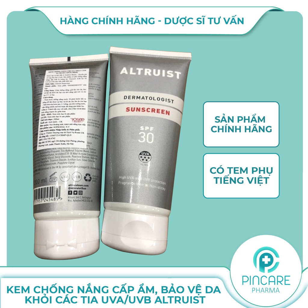 Kem chống nắng Altruist Dermatologist Face Fluid, Sunscreen SPF 30, SPF 50 mẫu mới - Hàng chính hãng - Nhà Thuốc PinCare